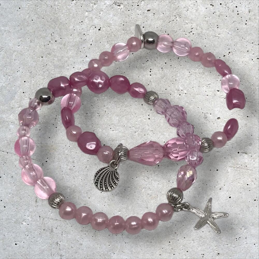 Handmade Dainty Beachy Stretch Bracelet Set Pink Charms Girly Unique Design